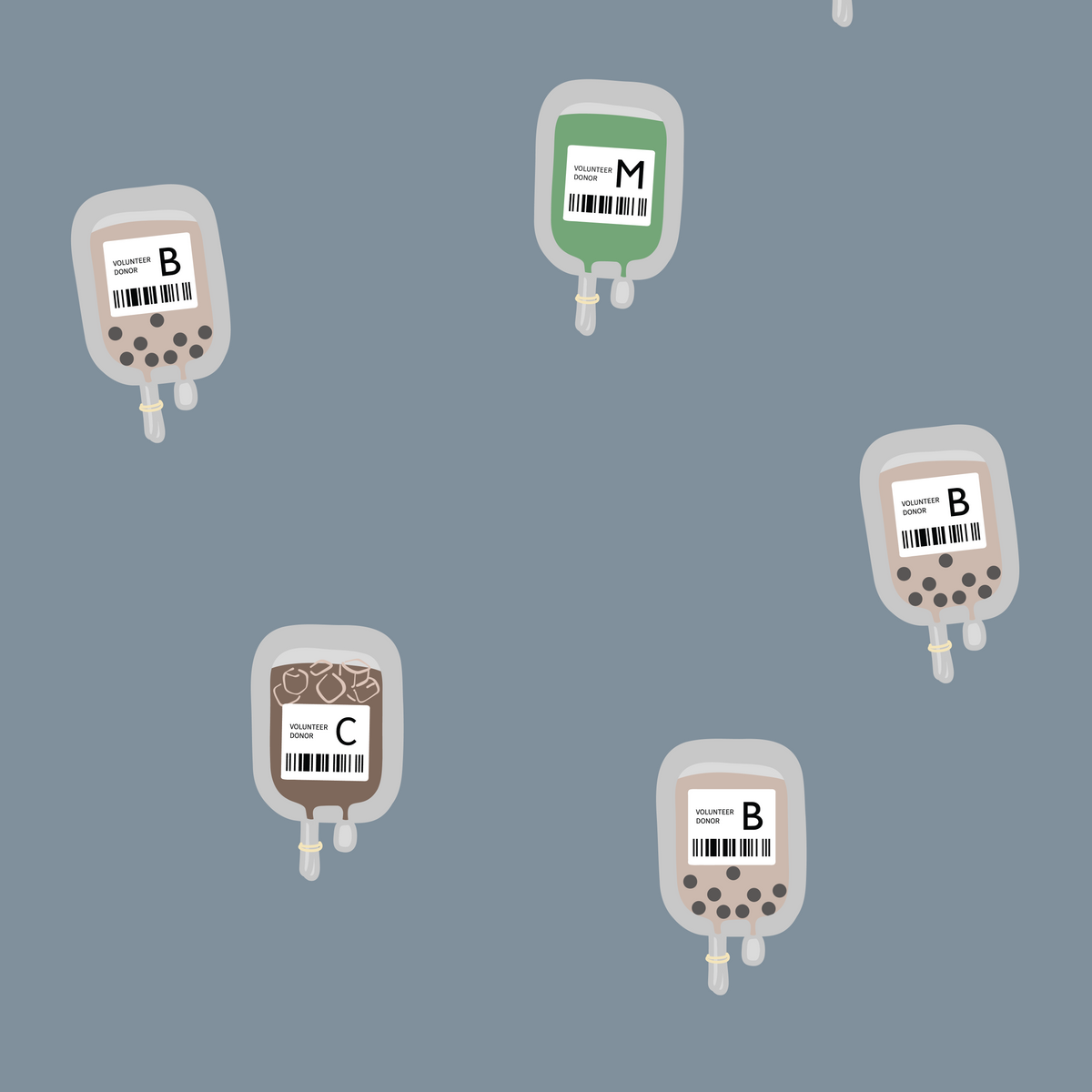 Illustrated print with boba, matcha, and coffee in iv bags