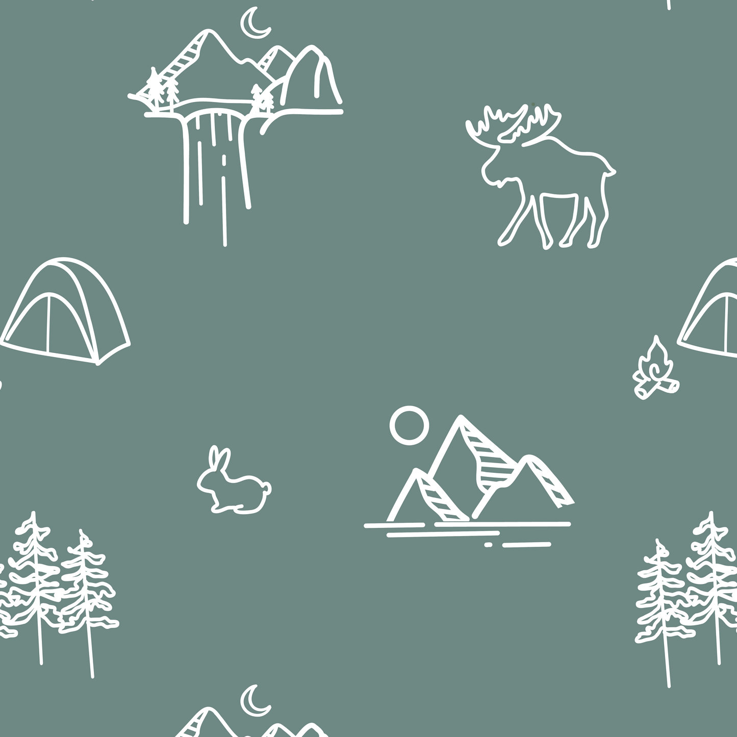 Gone Camping Print Swatch - white camping and nature illustrations on a dark a green background