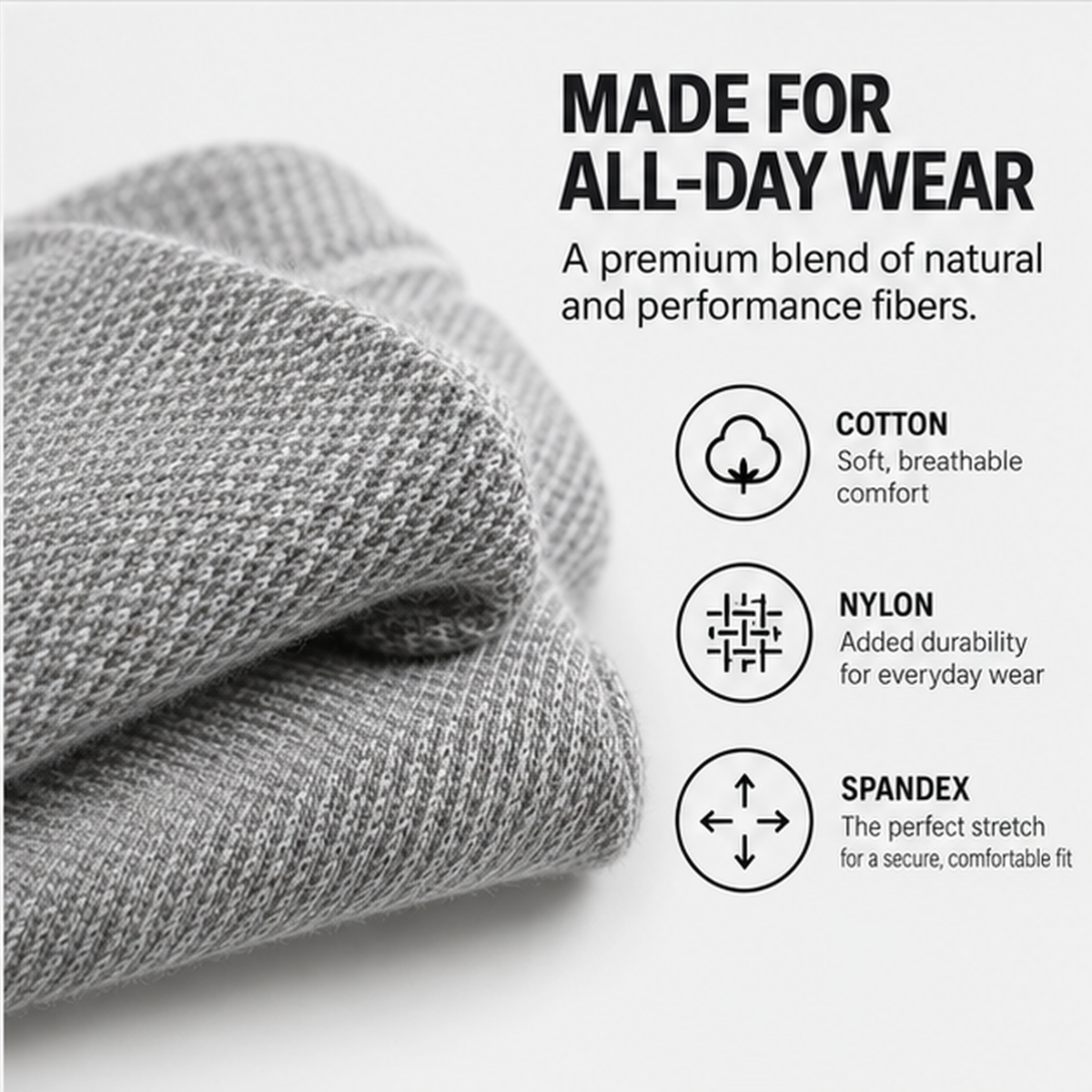Folded Capy Heather Grey compression socks in a cotton, nylon and spandex blend