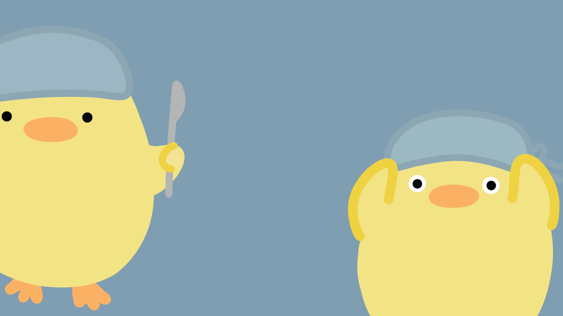 Two chicks with scrub caps, one with a scalpel and the other is anxiously holding its head