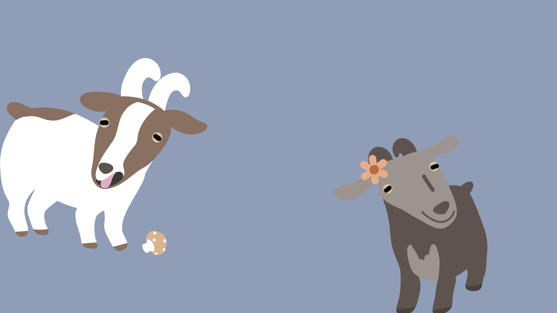 A minimalist cartoon illustration of two goats on a solid blue-gray background. On the left, a white goat with brown patches and horns looks toward a small mushroom.