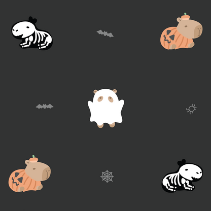 A repeating Halloween-themed pattern on a dark charcoal background, featuring cartoon capybara skeletons in black and white, a white ghost with beige ears and feet, orange pumpkin illustrations, gray bats, a spiderweb, and a small sun.