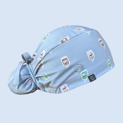 Bun cap with print featuring IV bags of coffee, boba and matcha