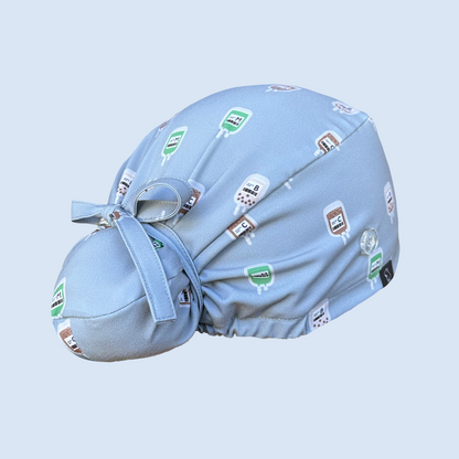 Bun cap with print featuring IV bags of coffee, boba and matcha