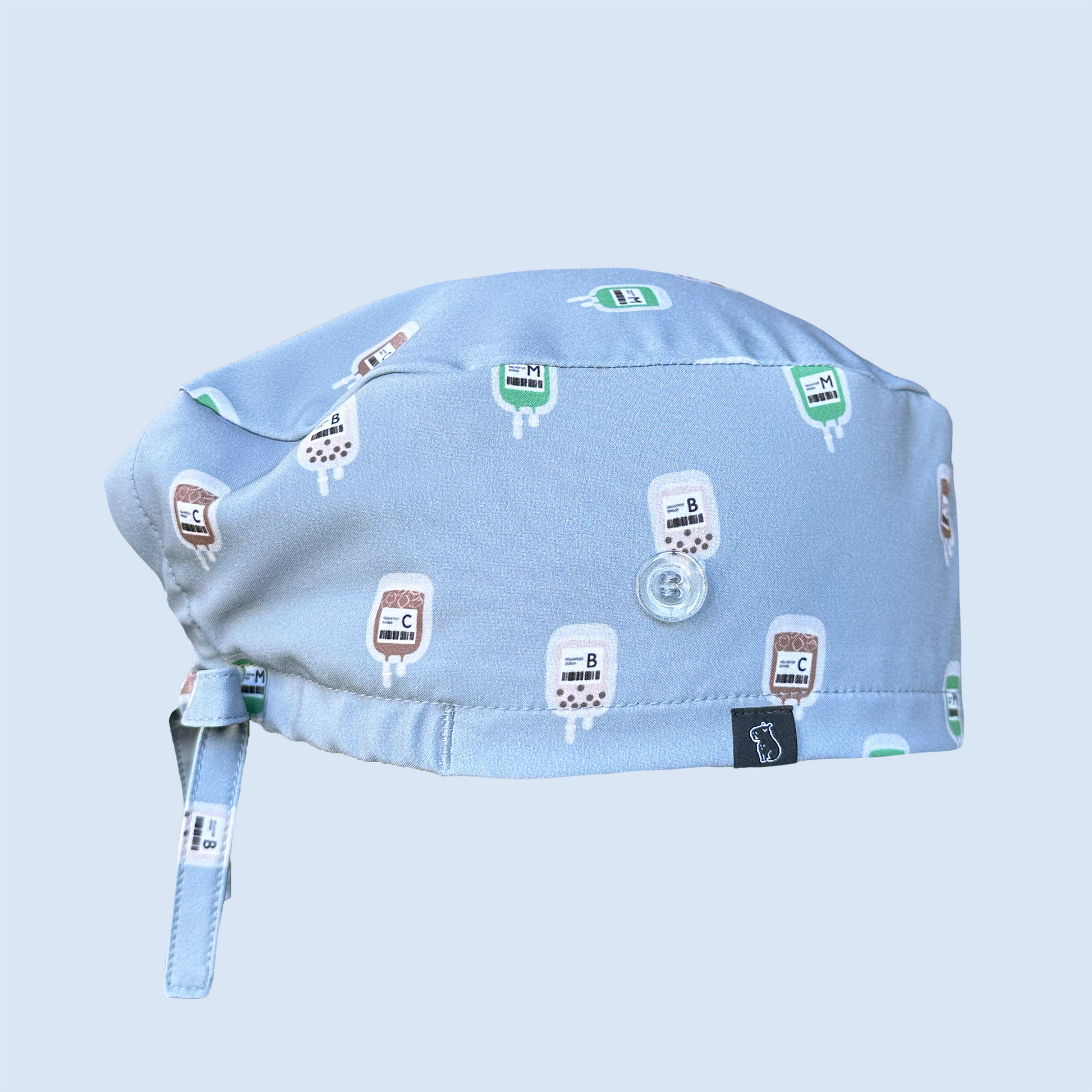 Classic cap with print featuring IV bags of coffee, boba and matcha