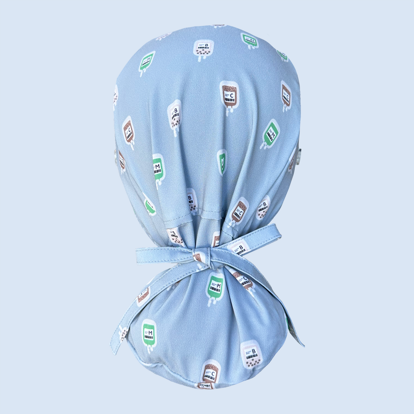 Ponytail cap with print featuring IV bags of coffee, boba and matcha