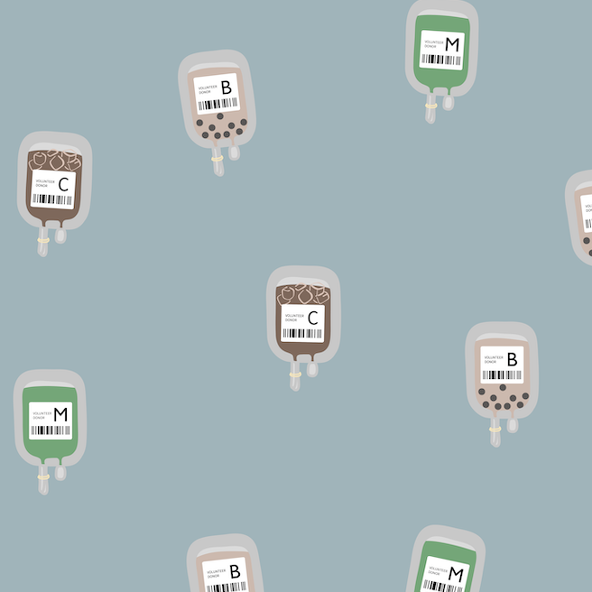 Illustrated print with boba, matcha, and coffee in iv bags