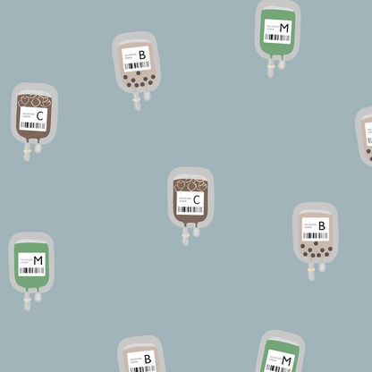 Illustrated print with boba, matcha, and coffee in iv bags
