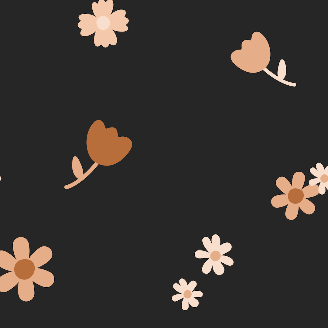 A repeating floral pattern featuring stylized flowers in shades of peach, tan, and brown on a solid dark charcoal background.