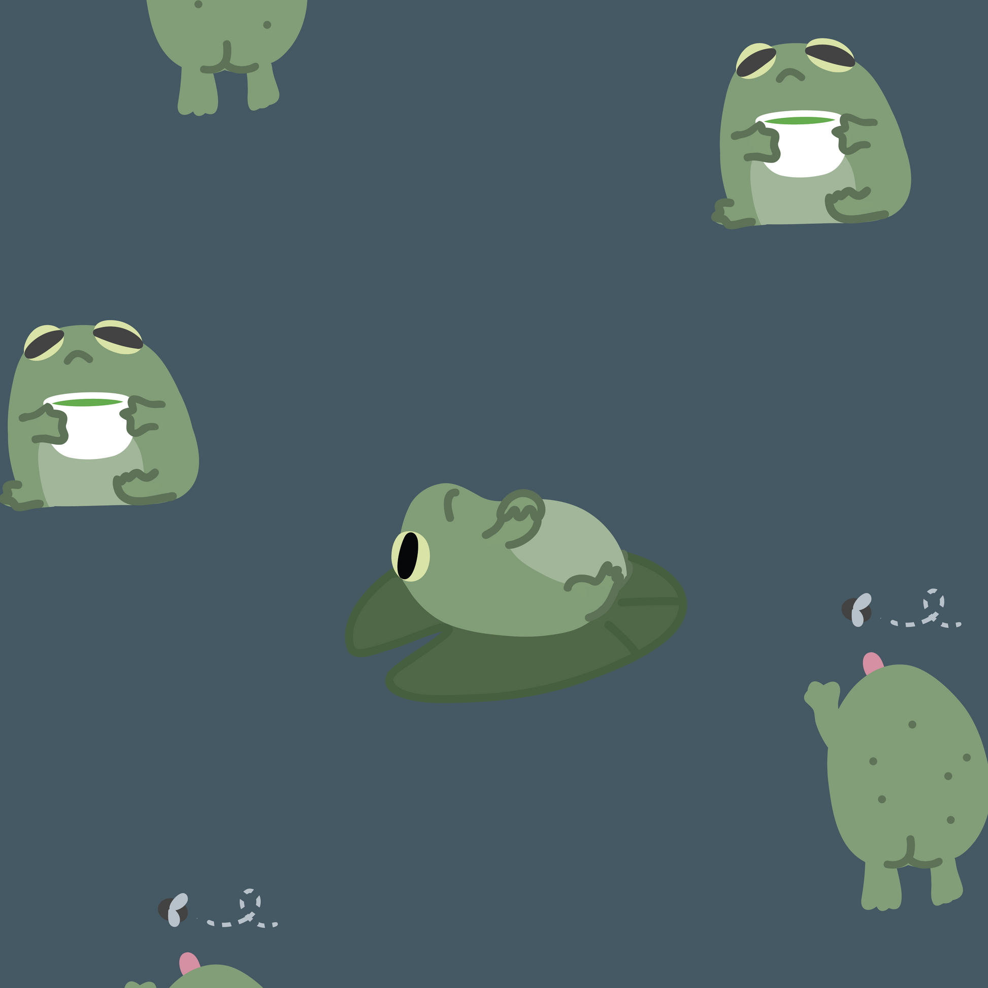 Illustrated print with frogs in various poses