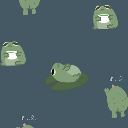 Illustrated print with frogs in various poses