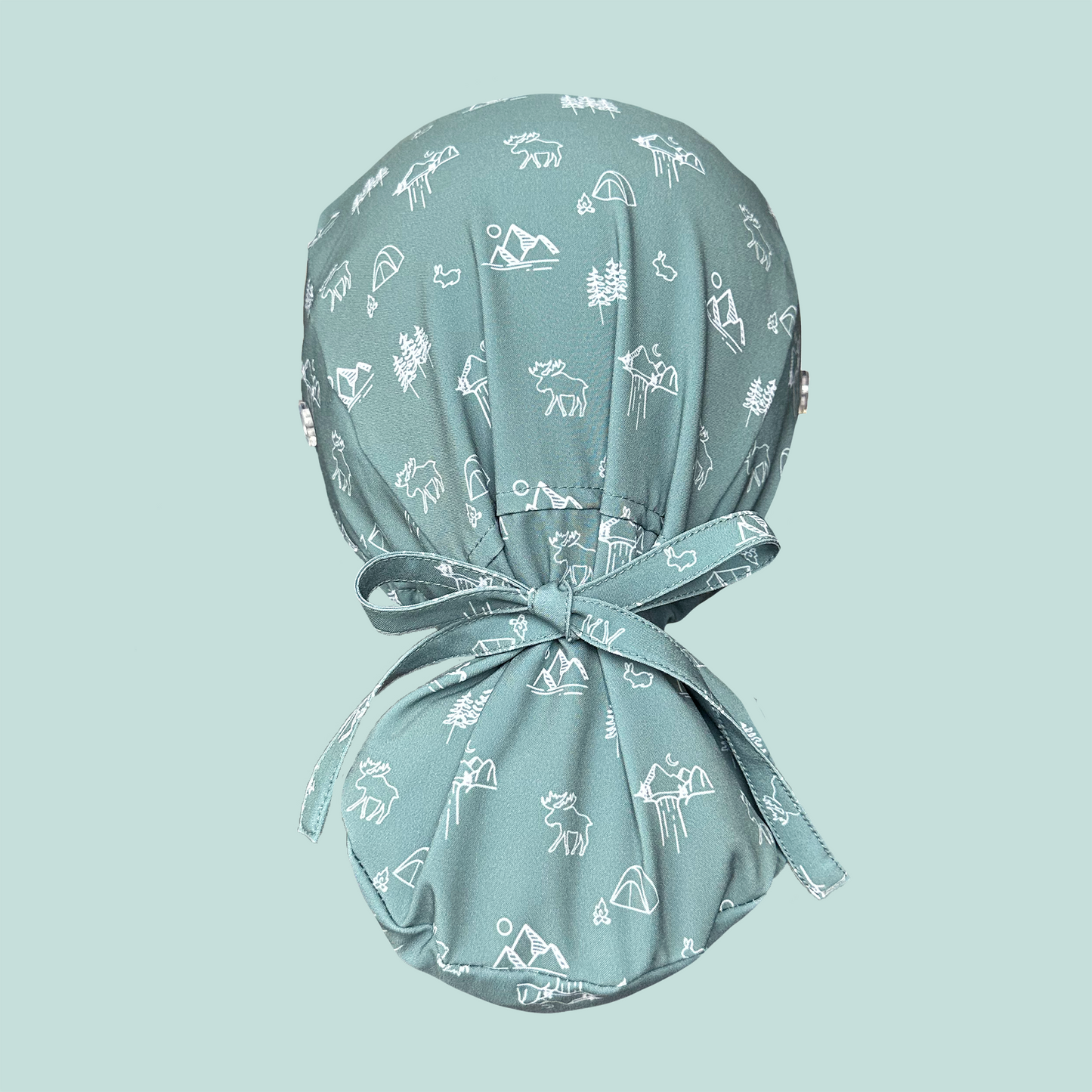 Ponytail Cap rear view in the Gone Camping print