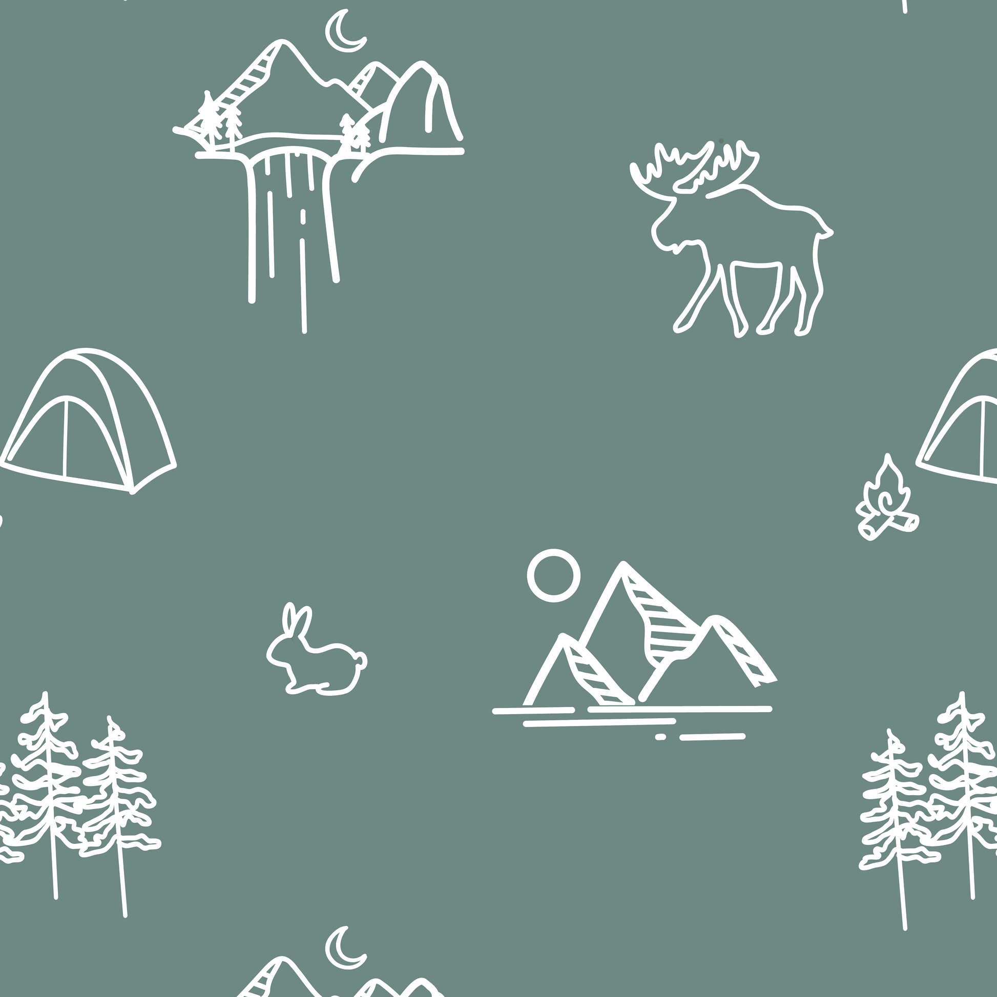 Gone Camping Print Swatch - white camping and nature illustrations on a dark a green background