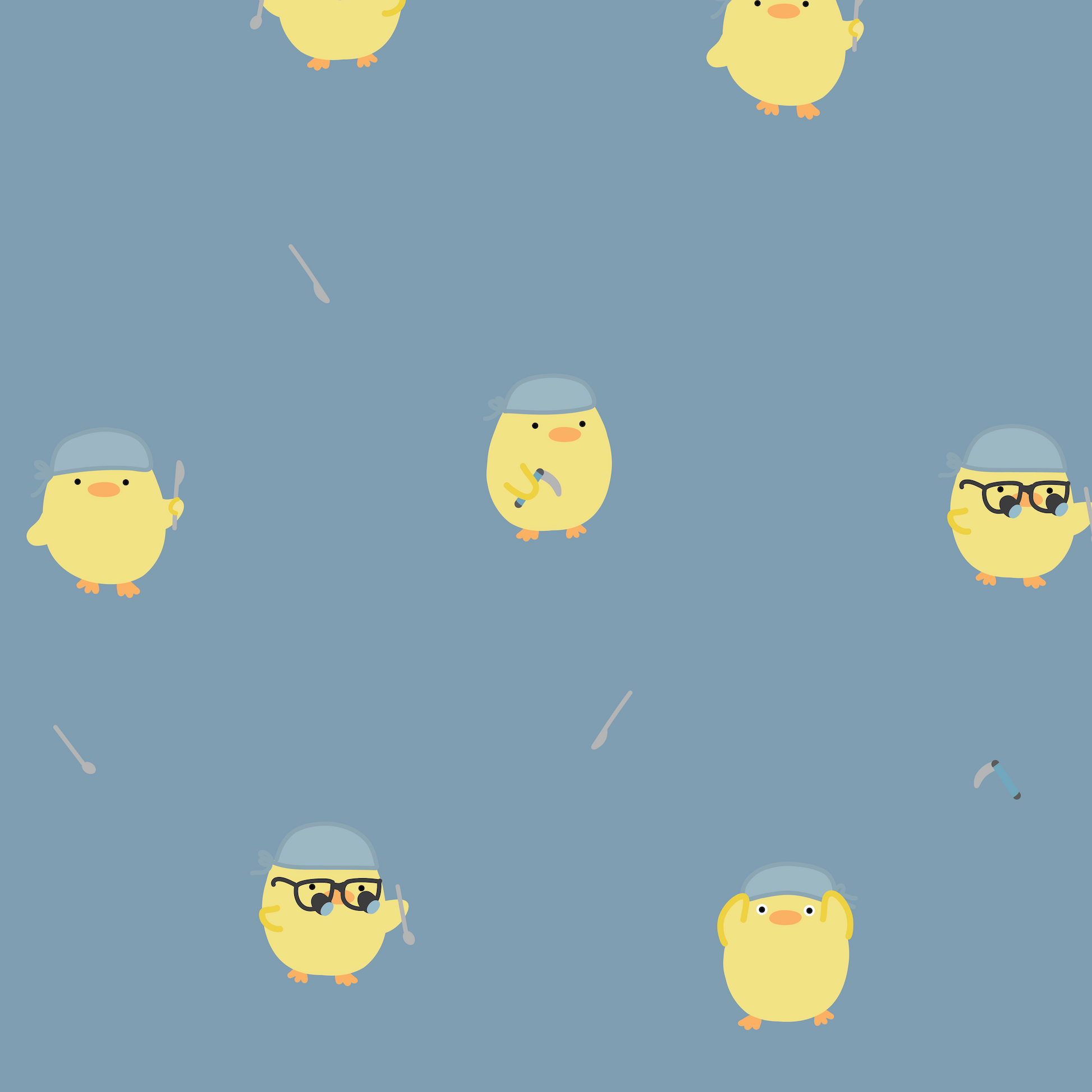 Healthcare Chick print - illustrated yellow chicks using healthcare related equipment on a blue background