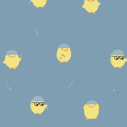 Healthcare Chick print - illustrated yellow chicks using healthcare related equipment on a blue background