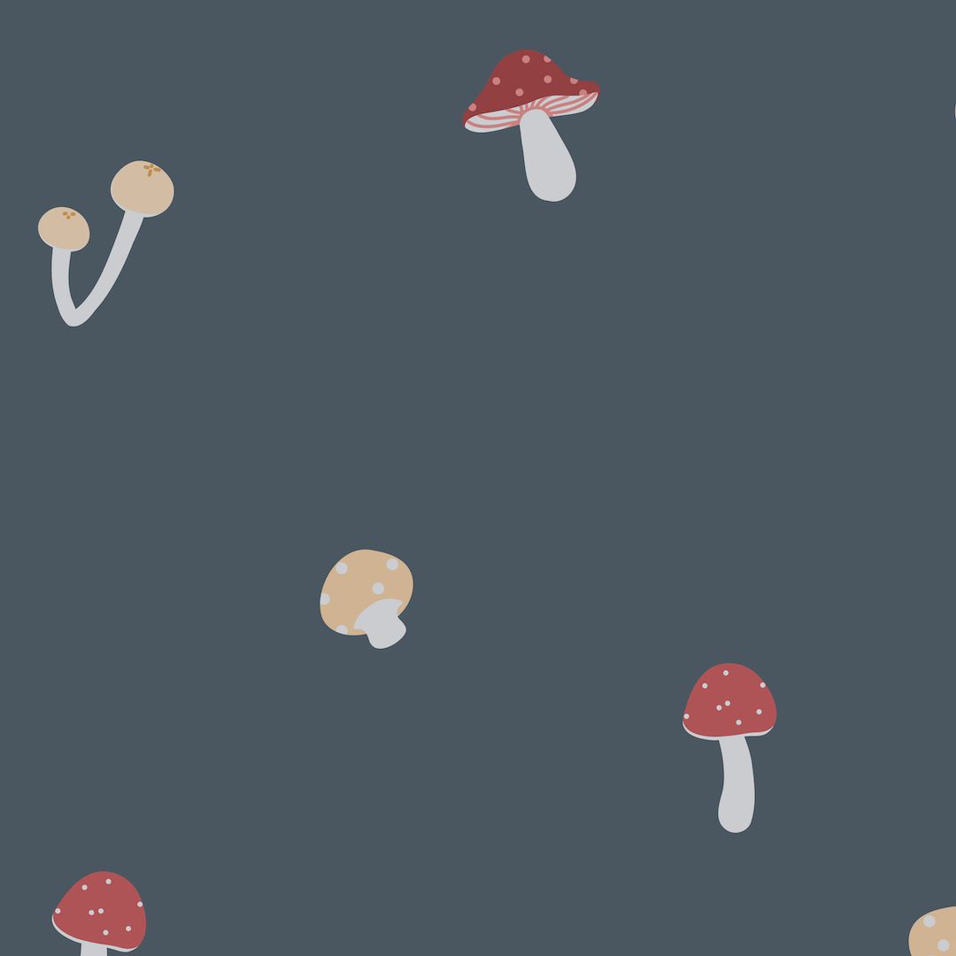 Red and yellow mushroom print on dark blue background