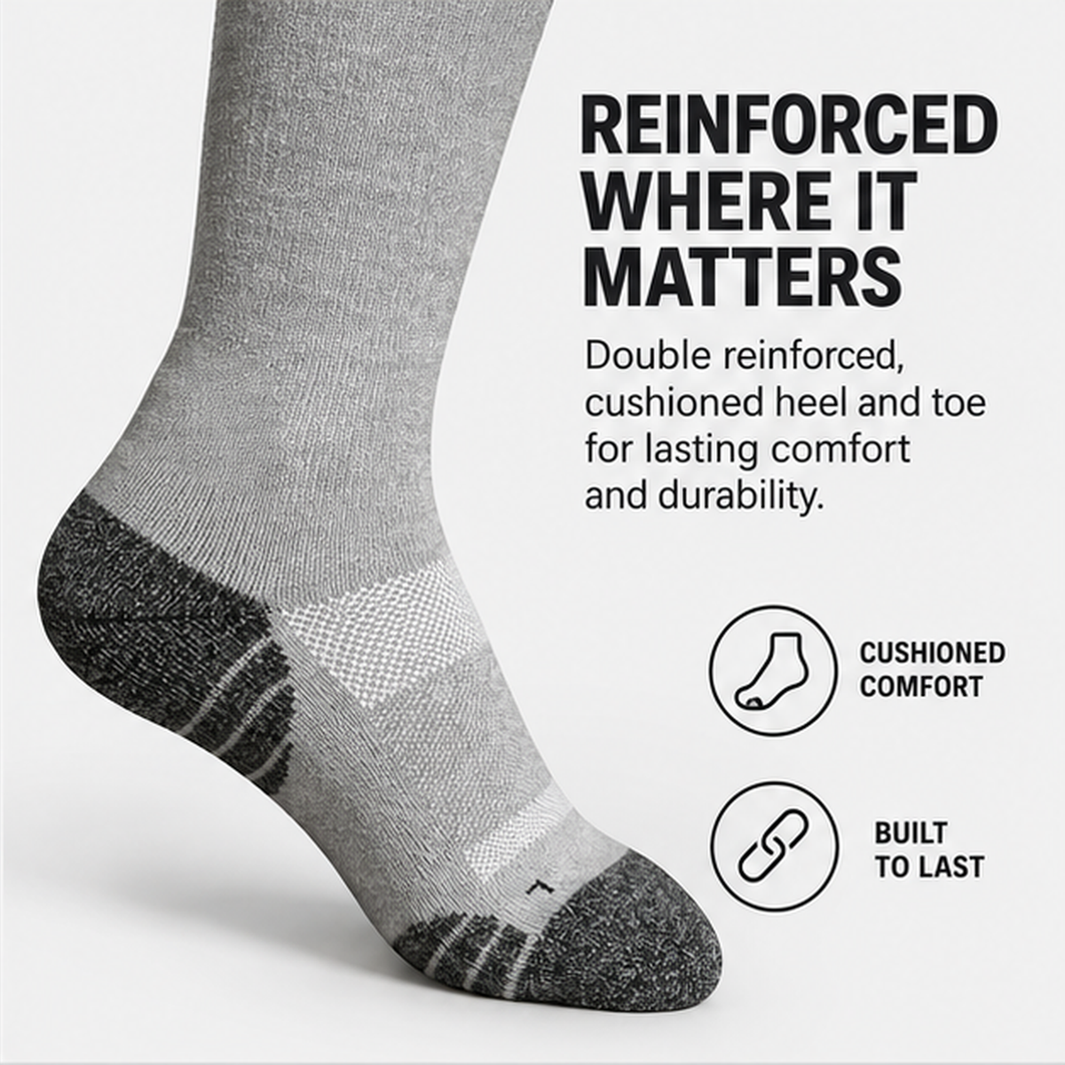 Reinforced, cushioned heel and toe on Capy Heather Grey compression socks